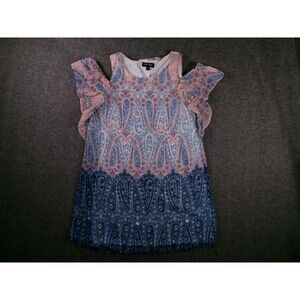 Love Reign Dress Womens M Paisley Cold Shoulder Ruffle Lined Rayon Blue Pink